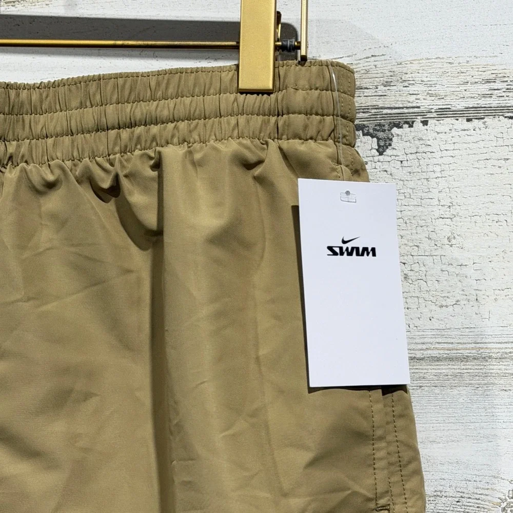 Nike Swim Trunks Men Small Tan Embroidered Swoosh NWT